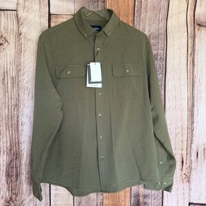 Mizzen+Main City Flannel Shirt Performance Button Dark Green Large Trim‎ NWT